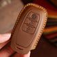 Brown leather key fob cover with embossed remote icons and side opening