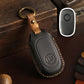 Black leather remote key protective case with key ring loop and button icon panel.