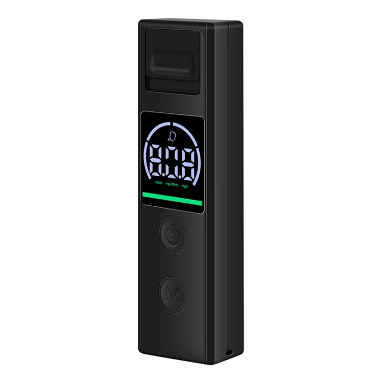 Portable breath alcohol tester with digital LCD screen and power buttons, black body