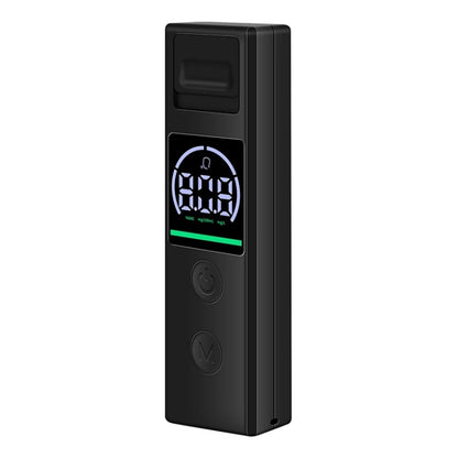 Portable breath alcohol tester with digital LCD screen and power buttons, black body