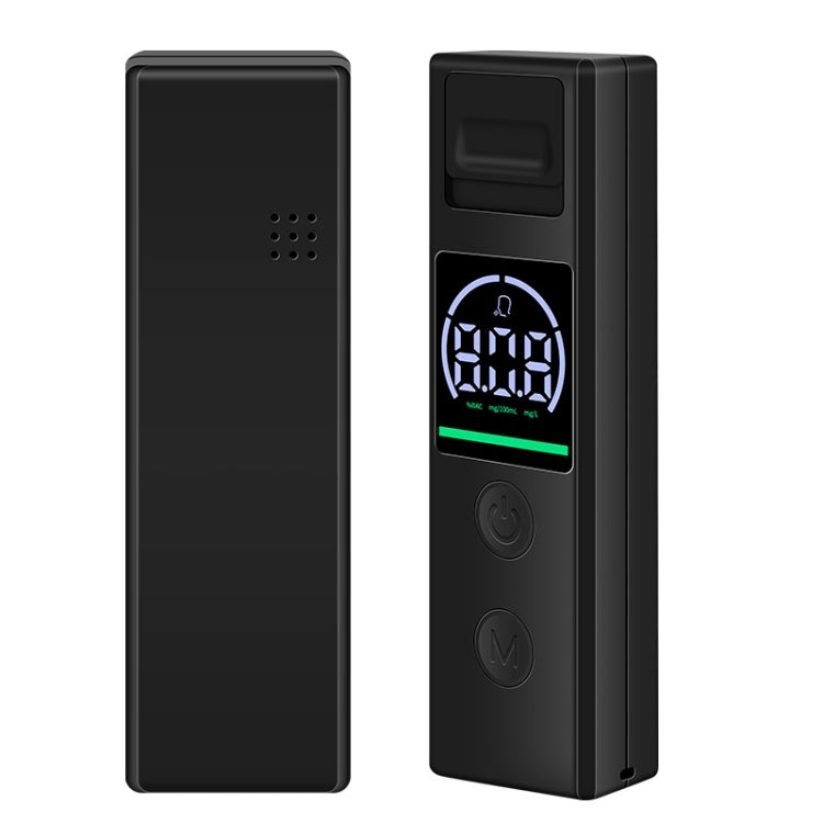 Portable breath alcohol tester showing back vents and front LCD display, black