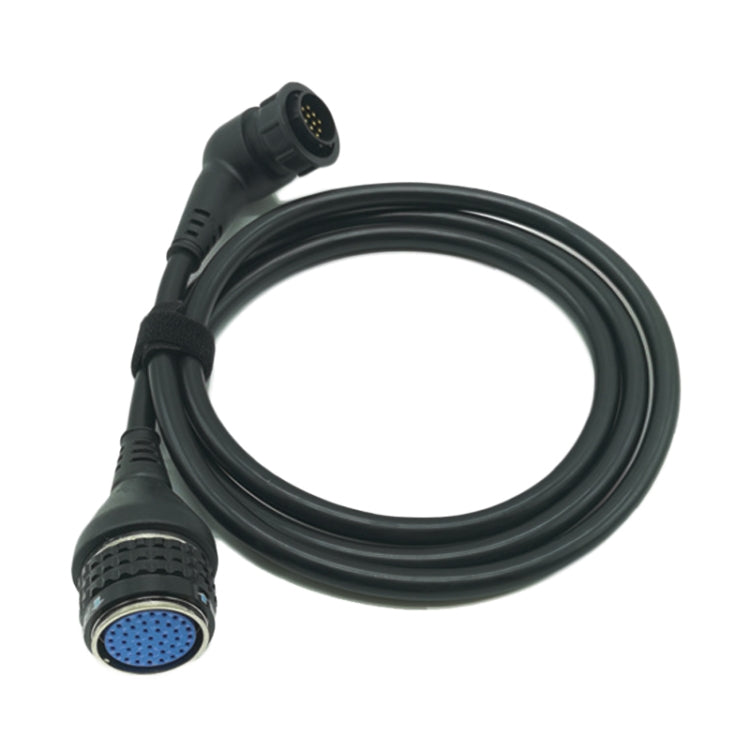 Black diagnostic cable adapter with round multi-pin plug and blue front connector
