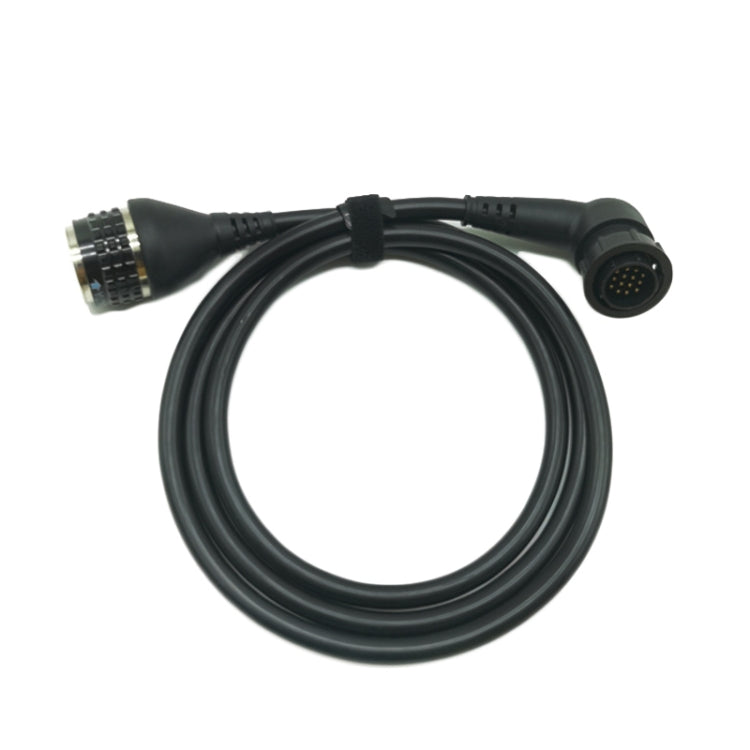 Black diagnostic cable adapter with two connector ends and visible multi-pin interface