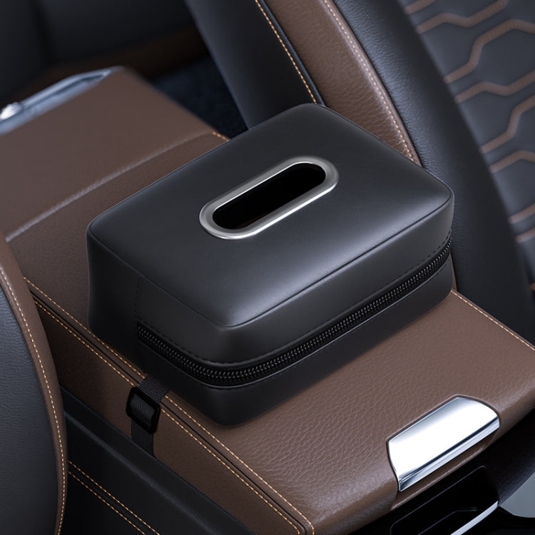 Car seat armrest tissue box holder, black with oval pull slot and zipper edge