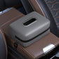 Car seat armrest tissue box holder, gray with oval pull slot and zipper edge