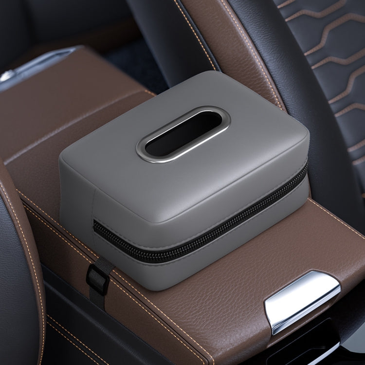 Car seat armrest tissue box holder, gray with oval pull slot and zipper edge