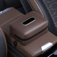 Car seat armrest tissue box holder, brown with oval pull slot and zipper edge