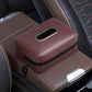Car seat armrest tissue box holder, red-brown with oval pull slot and zipper edge
