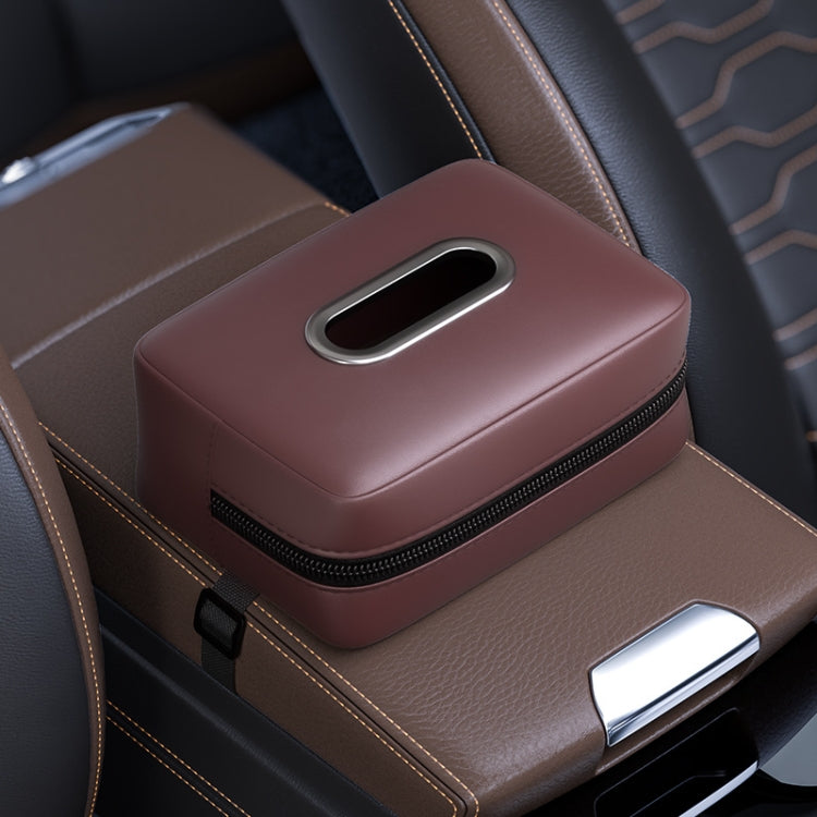 Car seat armrest tissue box holder, red-brown with oval pull slot and zipper edge