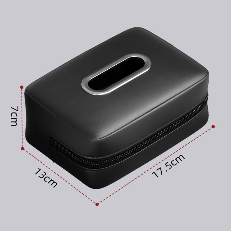 Car seat armrest tissue box holder, black; top oval slot and textured zipper border