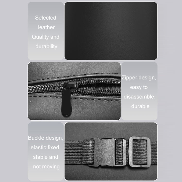 Car seat armrest tissue box holder showing zipper and fixed buckle straps, black