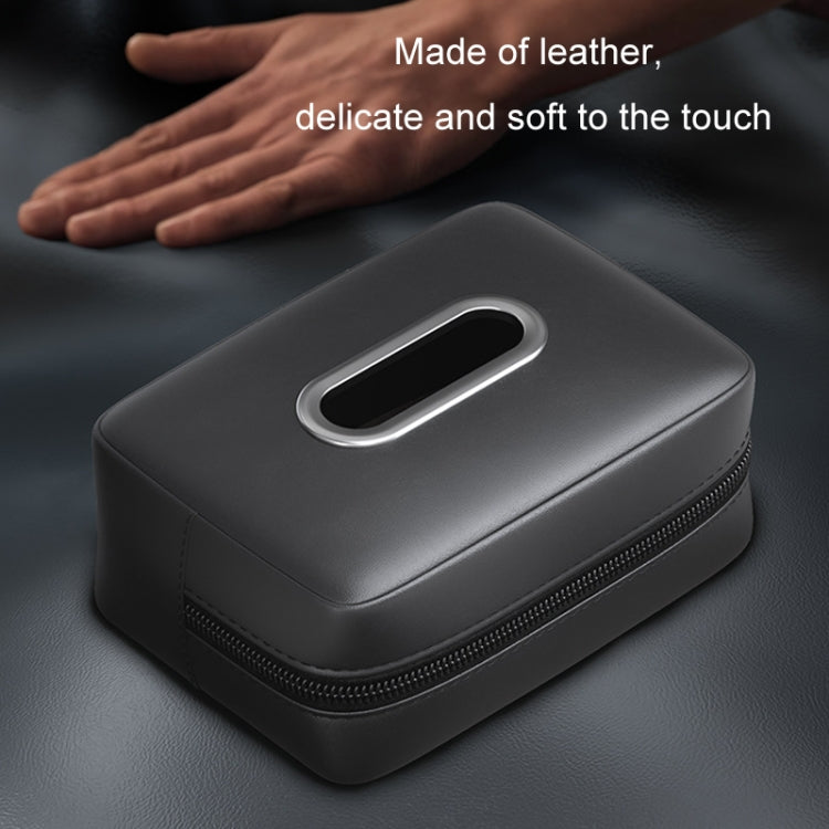 Car seat armrest tissue box holder, black, with oval slot on smooth leather-like cover