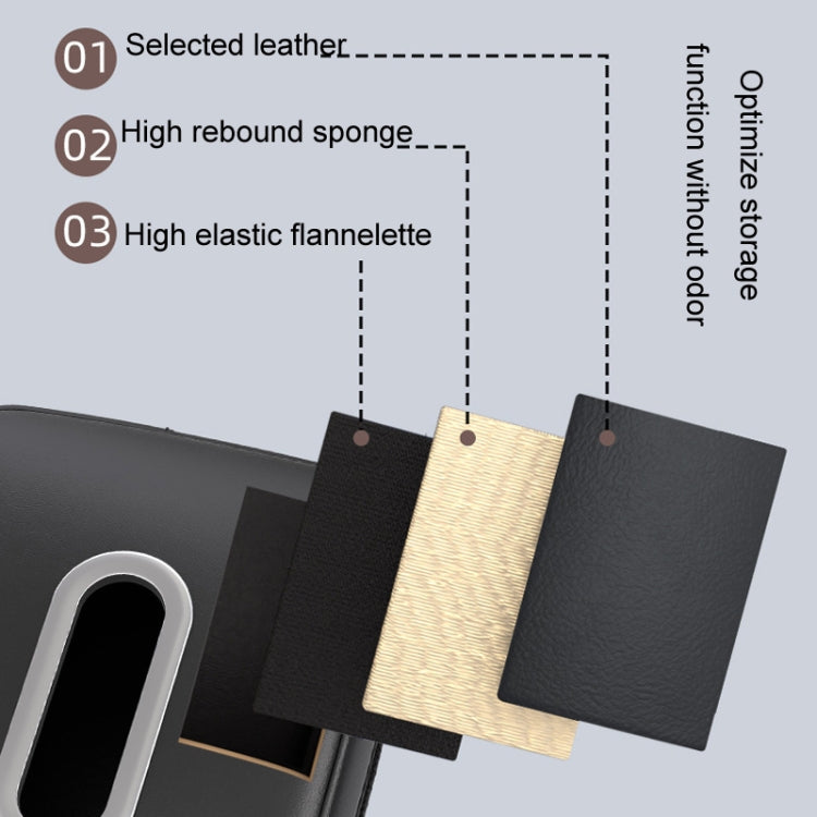 Car seat armrest tissue box holder with side strap and fabric lining detail, black