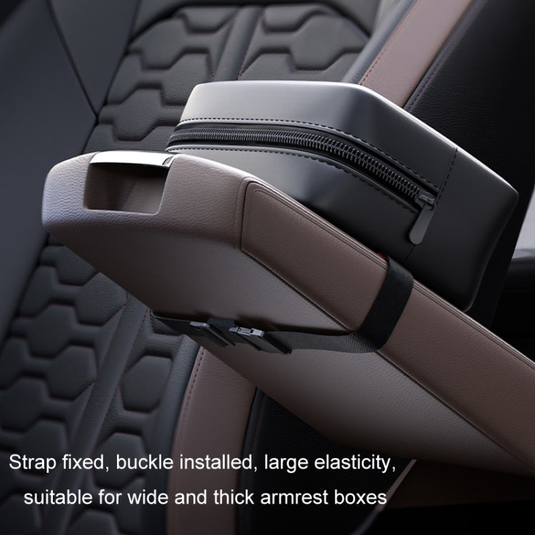 Car seat armrest tissue box holder with adjustable strap, buckled fit, gray/black