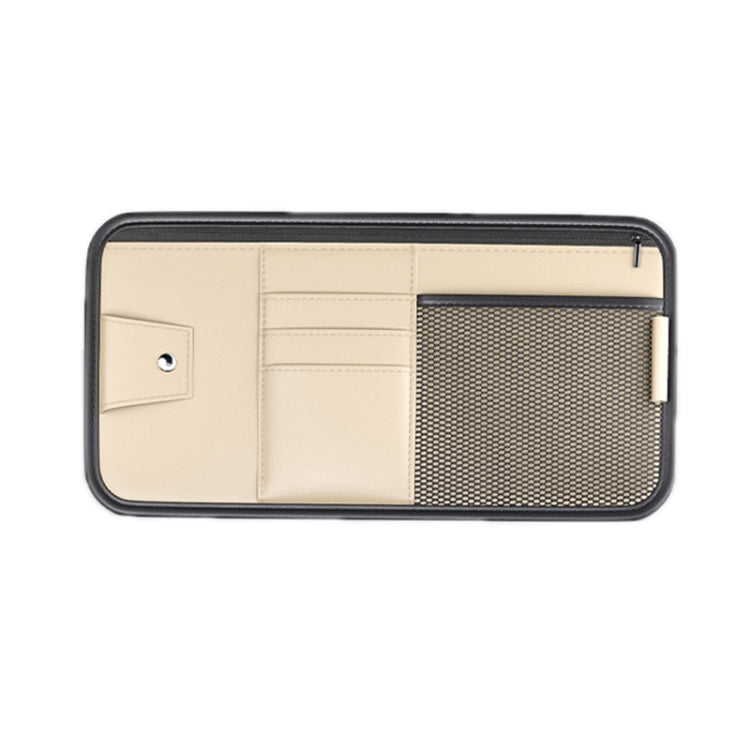 Car sun visor organizer card holder bag with zipper, beige and mesh pocket