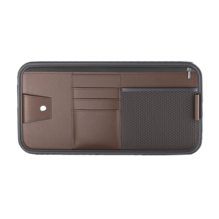 Car sun visor organizer card holder bag with zipper, brown and mesh pocket