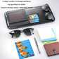 Car sun visor organizer card holder bag open with mesh pocket, card slots, and zipper