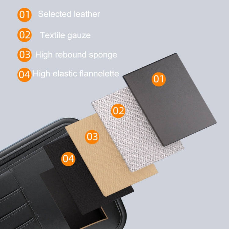 Car sun visor storage bag sample with black outer and beige fabric backing layers
