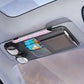 Black sun visor storage bag with zipper, mesh pocket, card slots, and sunglasses