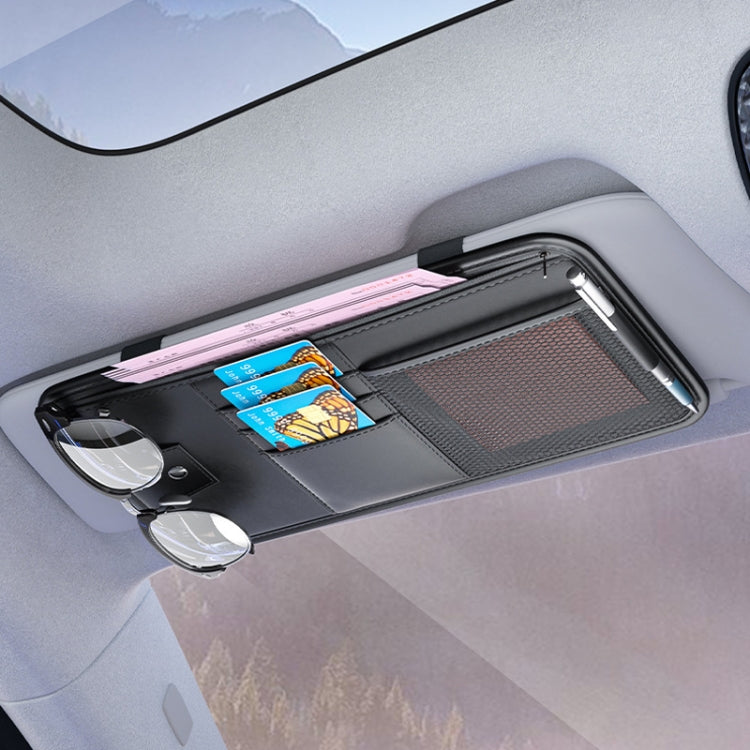 Black sun visor storage bag with zipper, mesh pocket, card slots, and sunglasses
