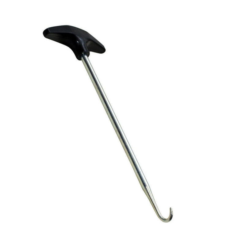 Exhaust pipe spring hook with black plastic head and long steel shaft, curved tip