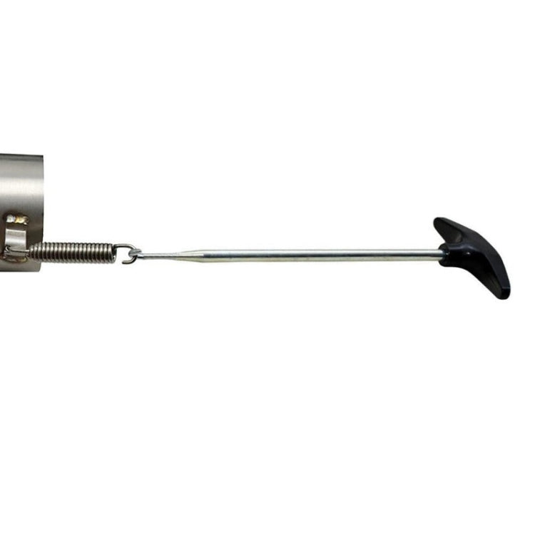 Exhaust pipe spring hook with black handle and curved metal tip on a straight shaft