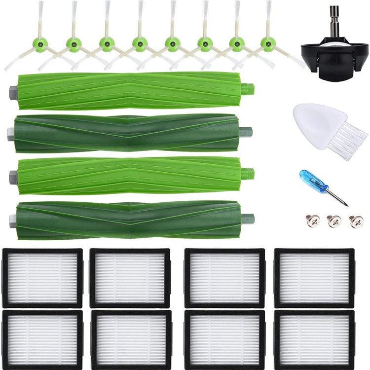 Robot vacuum brush and filter set with green roller brushes, side brush, and white filter