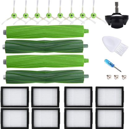 Robot vacuum brush and filter set with green roller brushes, side brush, and white filter