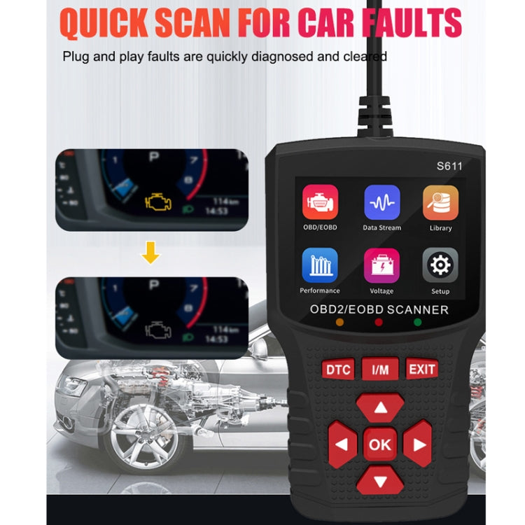 Handheld OBD2/EOBD scanner with menu icons and DTC/I-M/EXIT key buttons