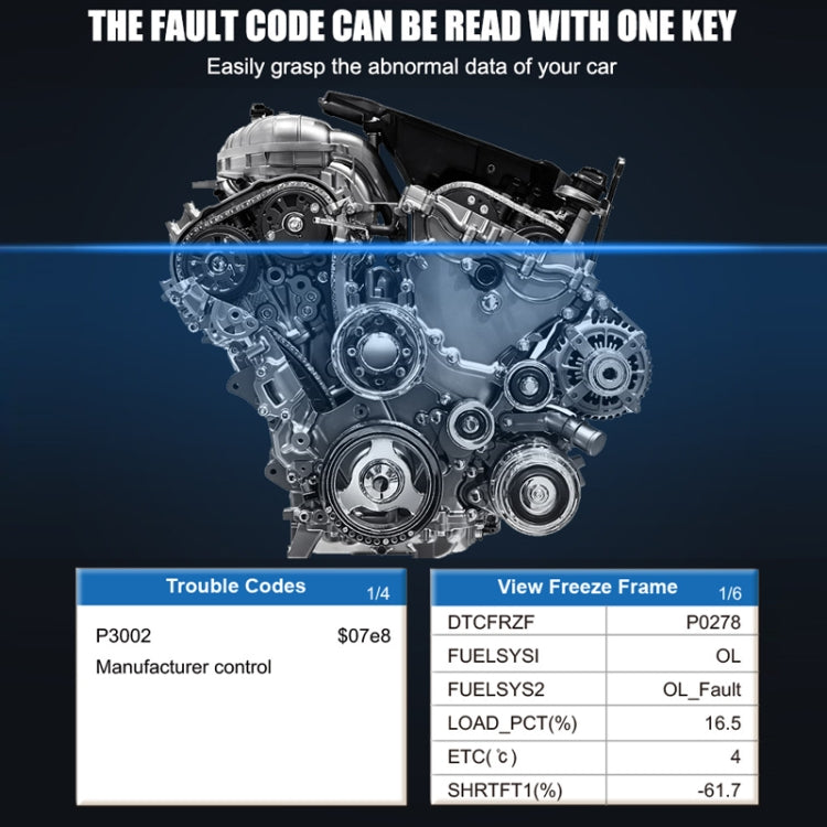 Engine view with trouble code and freeze frame readout panels