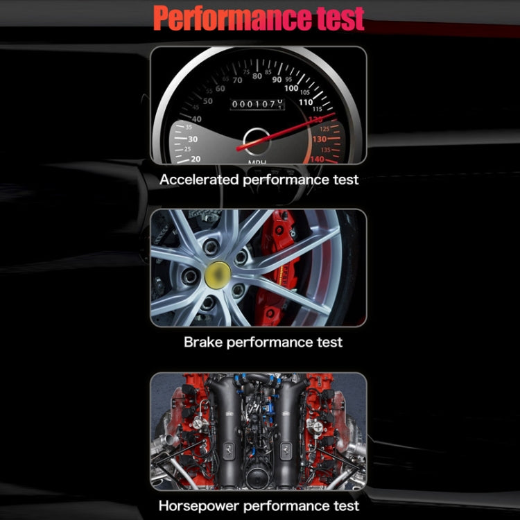 Vehicle performance test display with speed gauge and horsepower test cards