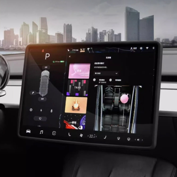 Vehicle touchscreen with clear silicone screen protector frame installed