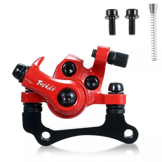 Red and black disc brake caliper with mounting bolts and spring hardware set