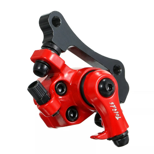 Close-up red disc brake caliper with black lever, pads, and mounting bolts