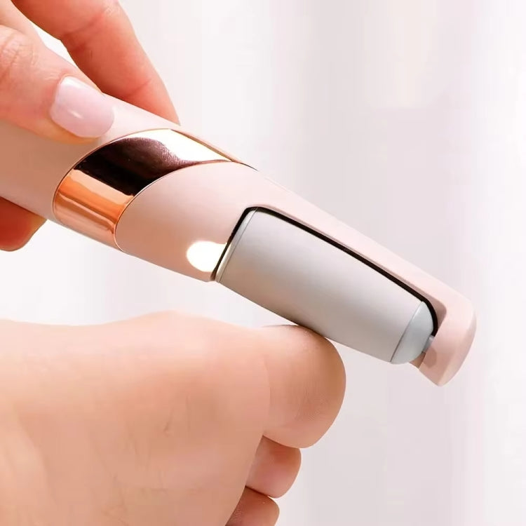 Handheld electric foot grinder with beige handle and black sanding roller