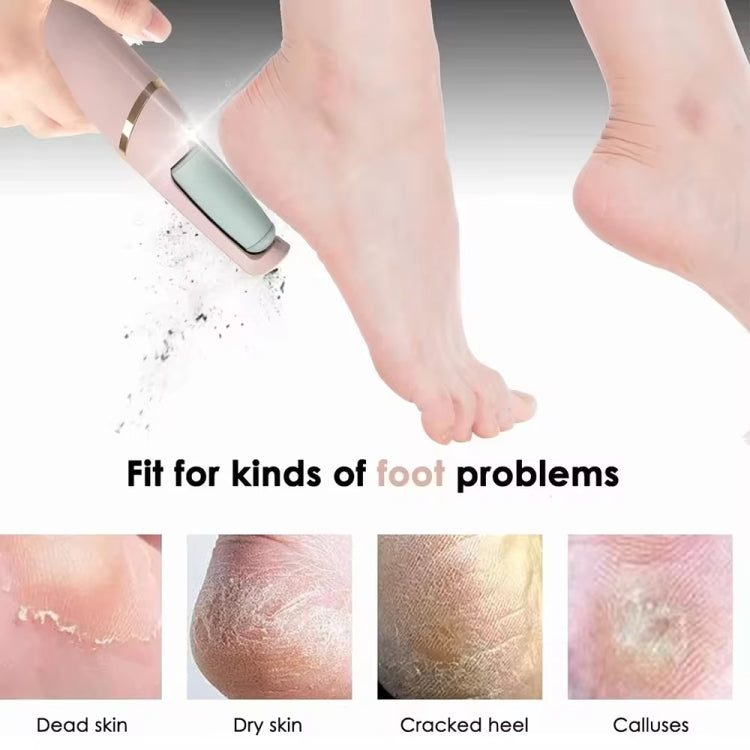Electric foot grinder in use on a bare foot with sanding roller