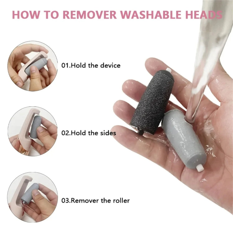 Washable roller head with electric foot grinder, shown with hands and water