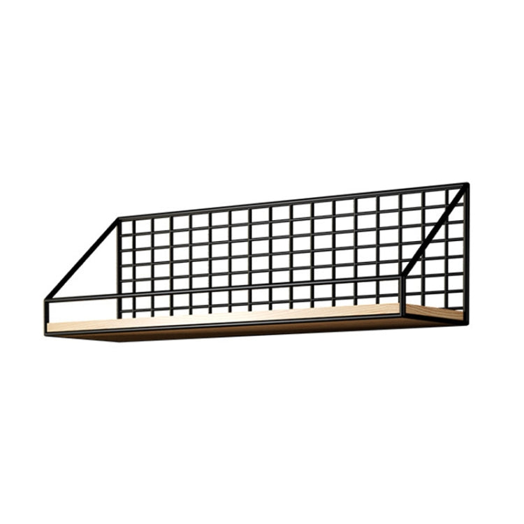 Black wall hanging metal organizer shelf with grid panel and wood base