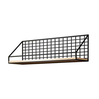 Black wall hanging metal organizer shelf with grid panel and wood base