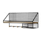 Black wall hanging organizer shelf with grid back, wooden ledge, and tissue box holder