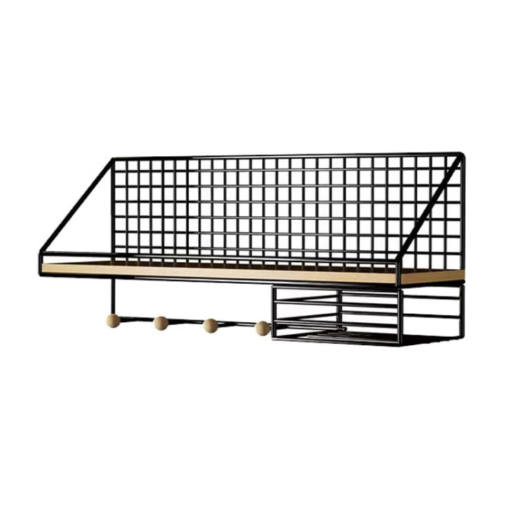 Black wall hanging organizer shelf with grid back, wooden ledge, and tissue box holder