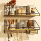Black wall organizer shelf set with two metal grid tiers, hooks, and wood base