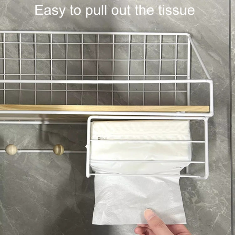 Wall organizer tissue holder with metal grid, wooden rod, and pull-out tissue