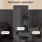 Black wall organizer shelf with metal grid panel and wood base in a room setting