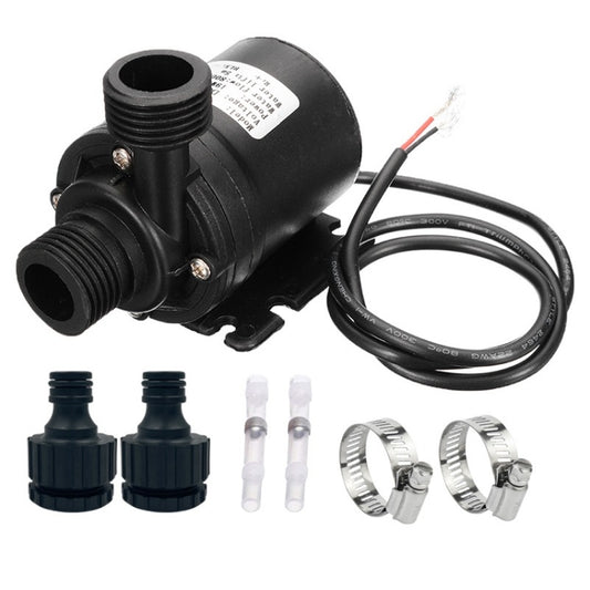 Black DC booster pump with brushless motor kit, threaded ports, connectors, and cable harness
