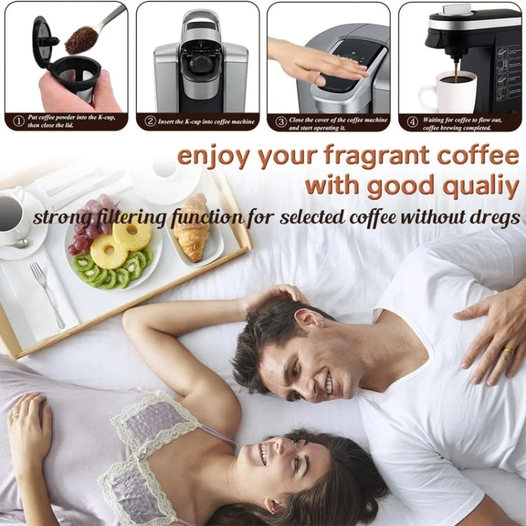 Reusable mesh coffee filter for Keurig shown in use on countertop