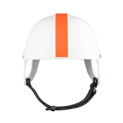 White pet helmet with orange center stripe and black adjustable chin strap