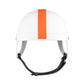 White pet helmet with orange vertical stripe and adjustable black chin strap