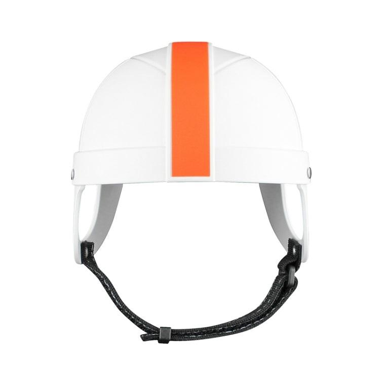 White pet helmet with orange vertical stripe and adjustable black chin strap