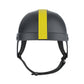 Black pet helmet with yellow vertical stripe and adjustable black chin strap